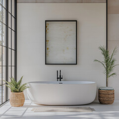 Frame Mockup  Minimalist bathroom with freestanding tub | Bright white interior with black fixtures, framed wall art, potted plants, and woven baskets, modern spa-like space, home decor inspiration