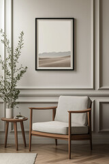 Frame Mockup  Cozy reading nook with framed artwork | Elegant armchair with wooden frame, side table, and potted plant against soft neutral walls with decorative molding, warm and inviting interior.