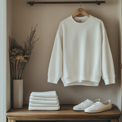 Crewneck sweatshirt Design Mock Up | Stylish neutral-toned closet with wooden shelf, neatly folded towels, white sneakers, and dried flowers, simple and modern fashion storage concept.
