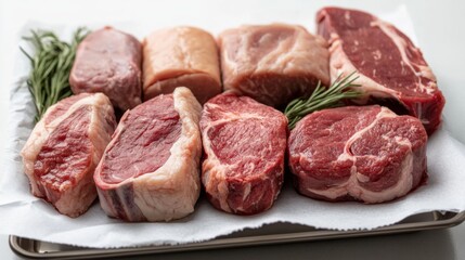 Assortment of raw beef and pork cuts on a tray.