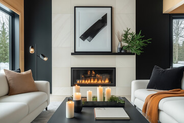 Frame Mockup  Modern living room with fireplace and candles | Cozy interior with neutral sofas, black coffee table, framed artwork, and warm lighting, contemporary home decor, relaxing atmosphere.