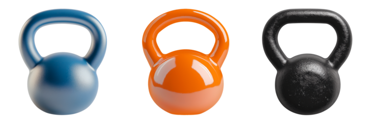 Set of kettlebells in blue, orange, and black colors, isolated on a transparent background. Close-up of fitness weights with smooth and textured surfaces, ideal for strength training, gym equipment.
