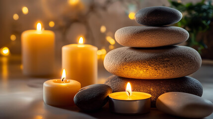 Several lit candles are placed among smooth stones, creating an atmosphere of coziness and harmony