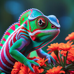 Chameleon Animal Nature Wild Green Orange Purple Red Yellow Green