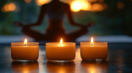 A shadowed silhouette in a lotus position meditates before candles, symbolizing the balance of mind and soul. The scene is filled with silence and deep self-immersion