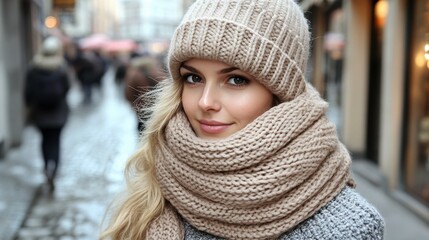 A woman dressed in warm winter clothing, including a knitted hat and scarf, strolls along a bustling city street where people are enjoying the chilly atmosphere