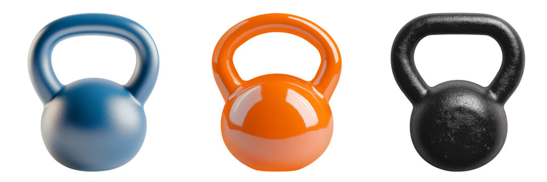 Set of kettlebells in blue, orange, and black colors, isolated on a transparent background. Close-up of fitness weights with smooth and textured surfaces, ideal for strength training, gym equipment.