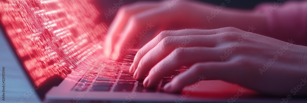 Poster Futuristic Programming Aesthetic Hands Typing on Sleek Laptop with Digital Streams - Empowering Software Development and Innovative Tech Marketing in Dynamic Business Hub