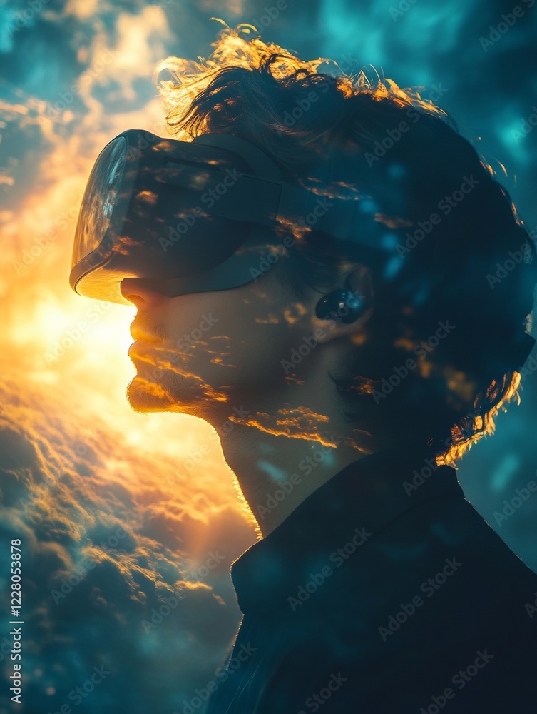 Aufkleber immersive vr adventure young male exploring dynamic virtual worlds with sleek headset - cutting-edge