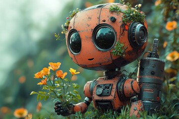 Cute little robot with flowers in a green and vibrant setting