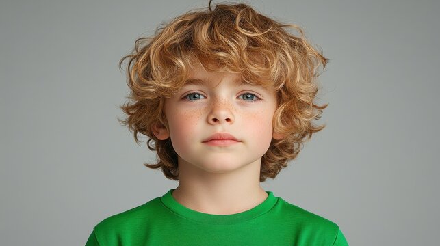 A young boy stands still, showcasing his curly blonde hair and bright blue eyes while wearing a vibrant green shirt. The background is simple, emphasizing his expression