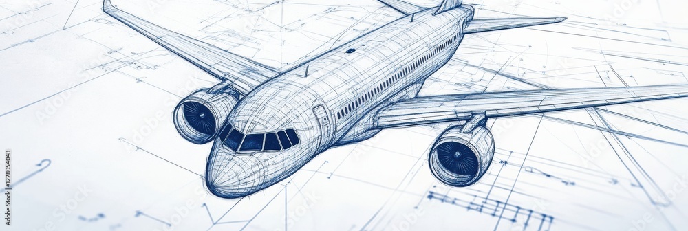 Fototapete Detailed technical blueprints illustrating the design and structure of an airplane in a blueprint format. Generative AI