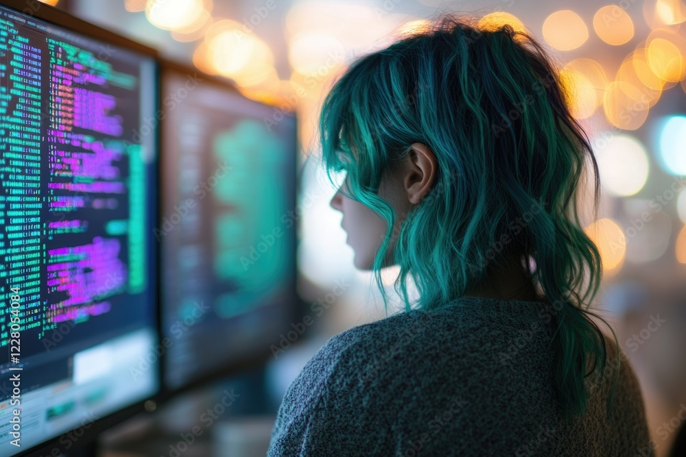 Poster a woman with teal hair intensely focused on lines of code displayed on a computer screen.