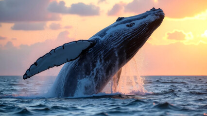 Obraz premium Humpback whale jumping out of the water at sunset in the ocean.