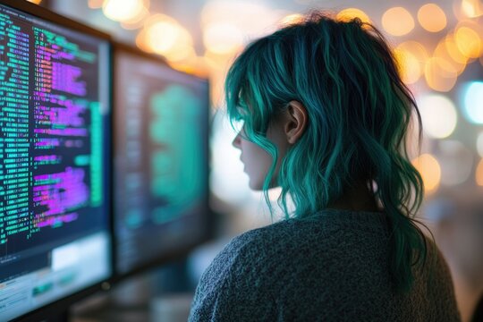 A woman with teal hair intensely focused on lines of code displayed on a computer screen.