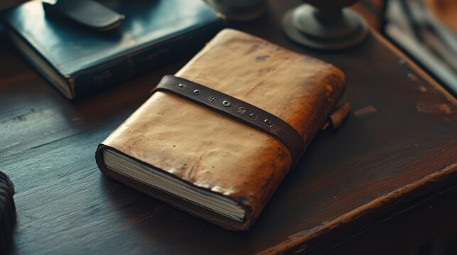 A leather journal with a metal band.