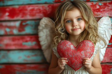 photo portrait de petite fille, studio, petit ange de l'amour, cupidon , saint valentin, c&oelig;urs, ailes, tiare fleurie, mignon, girly 