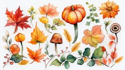 Watercolor autumn leaves and pumpkins set