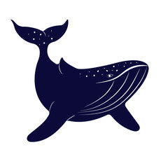 Swimming Whale Silhouette. Sea and Ocean Animal. Giant Blue Aquatic Mammal with Fins and Tail. Cute Diving Underwater Humpback Whale, Wild Nature and Marine Wildlife Vector Illustration