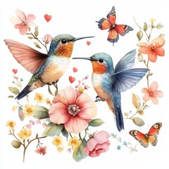 Beautiful watercolor illustration with cute hummingbirds and flowers on a white background