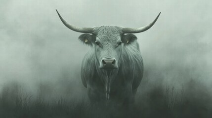 Highland Cow Gazing Forward on a Foggy Day