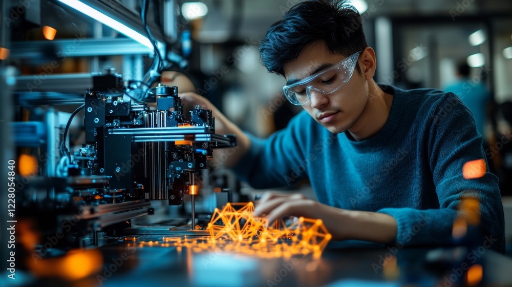 Aufkleber neon futurism young east asian engineer calibrates high-tech printer in glowing lab for innovative m