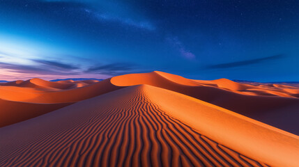 A vast expanse of desert dunes under a clear night sky, with the sweeping curves of the sand creating a serene and tranquil landscape illuminated by the soft glow of starlight