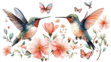 Obraz premium Beautiful watercolor illustration with cute hummingbirds and flowers on a white background