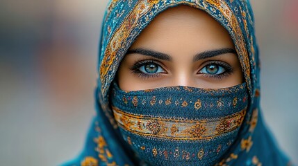 A young woman stands confidently, showcasing her mesmerizing blue eyes while wrapped in a beautifully patterned headscarf. The background hints at a bustling market, enhancing the cultural vibe