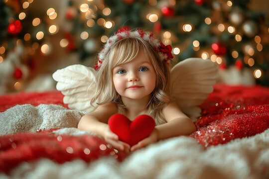 photo portrait de petite fille, studio, petit ange de l'amour, cupidon , saint valentin, c&oelig;urs, ailes, tiare fleurie, mignon, girly 