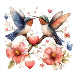 Obraz premium Beautiful watercolor illustration with cute hummingbirds and flowers on a white background