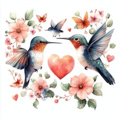 Beautiful watercolor illustration with cute hummingbirds and flowers on a white background