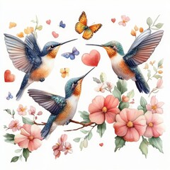 Obraz premium Beautiful watercolor illustration with cute hummingbirds and flowers on a white background