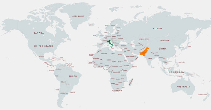 Highlighted World Map Featuring pakistan and Italy Locations Marked
