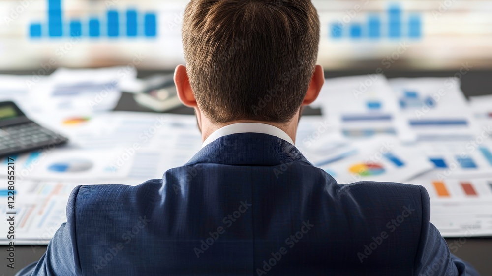 Poster a businessman analyzes data reports and graphs, surrounded by papers and a calculator, indicating a 