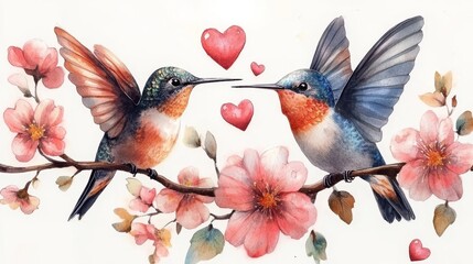 Beautiful watercolor illustration with cute hummingbirds and flowers on a white background
