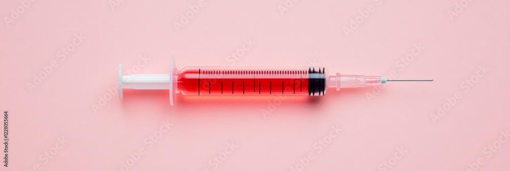 Poster Minimalist Vaccine Syringe Display Translucent Red Solution on Soft Pink - Scientific Progress Content and Healthcare Education Design