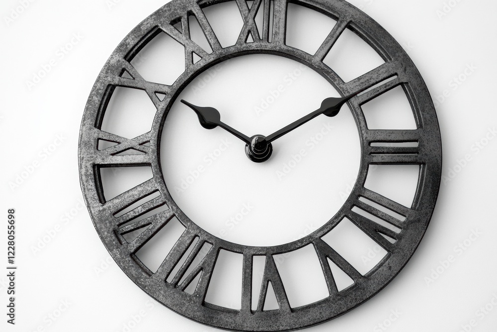 Poster elegant black wall clock with roman numerals displayed against a white background. generative ai
