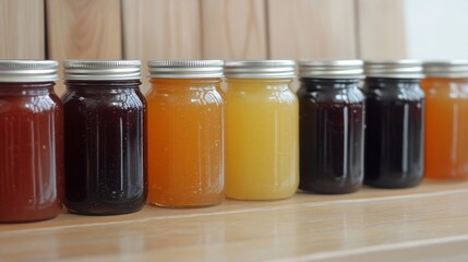Colorful jars of homemade preserves in a row on wooden surface.