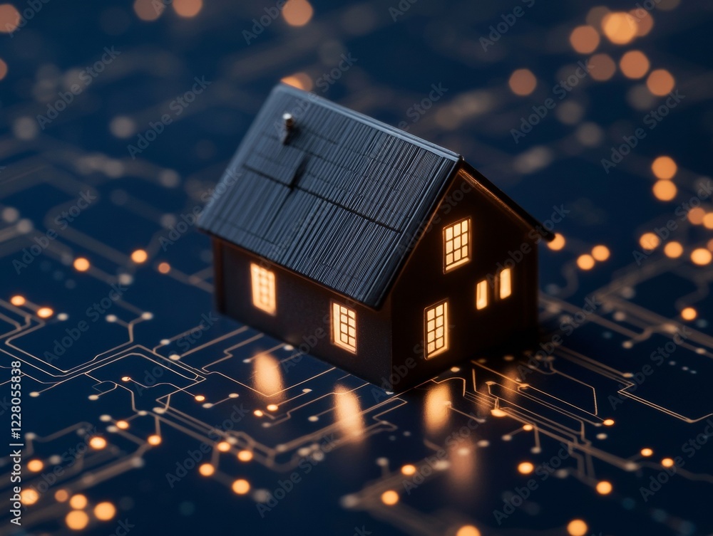 Poster Smart Home Connectivity in Digital Circuitry Aesthetic Illuminated Miniature House on Sleek Surface - Tech-Inspired Visual for Automated Living Solutions and IoT Communication