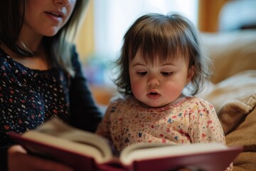 A mother reading to her young daughter, enjoying a bonding moment during storytime. Early literacy development at home.