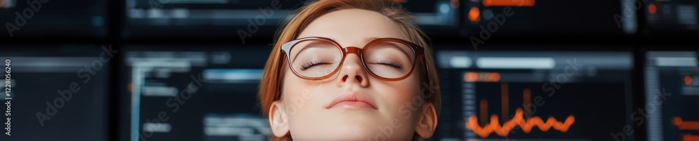 Poster Futuristic Cyber Security Interface Female Analyst with Code and Analytics on Glass Screens - Advanced Risk Management for Tech Industry and Professional Business Solutions