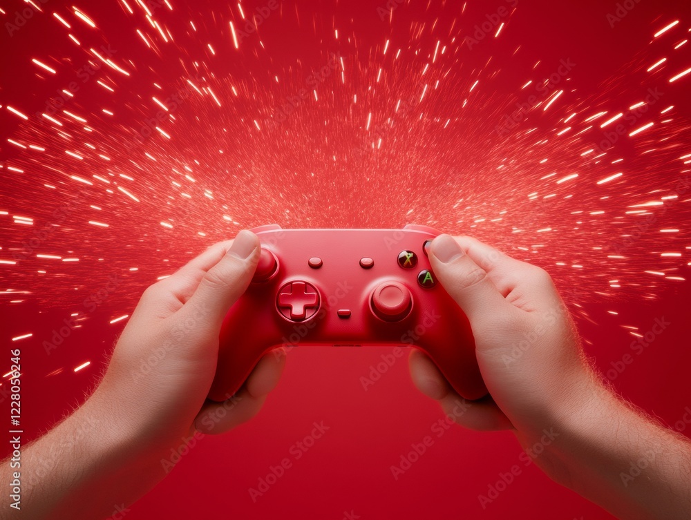 Poster Dynamic Gaming Experience Vibrant Red Controller with Spark Effects - Advanced Tech Trends and Immersive Entertainment for Modern Gamers