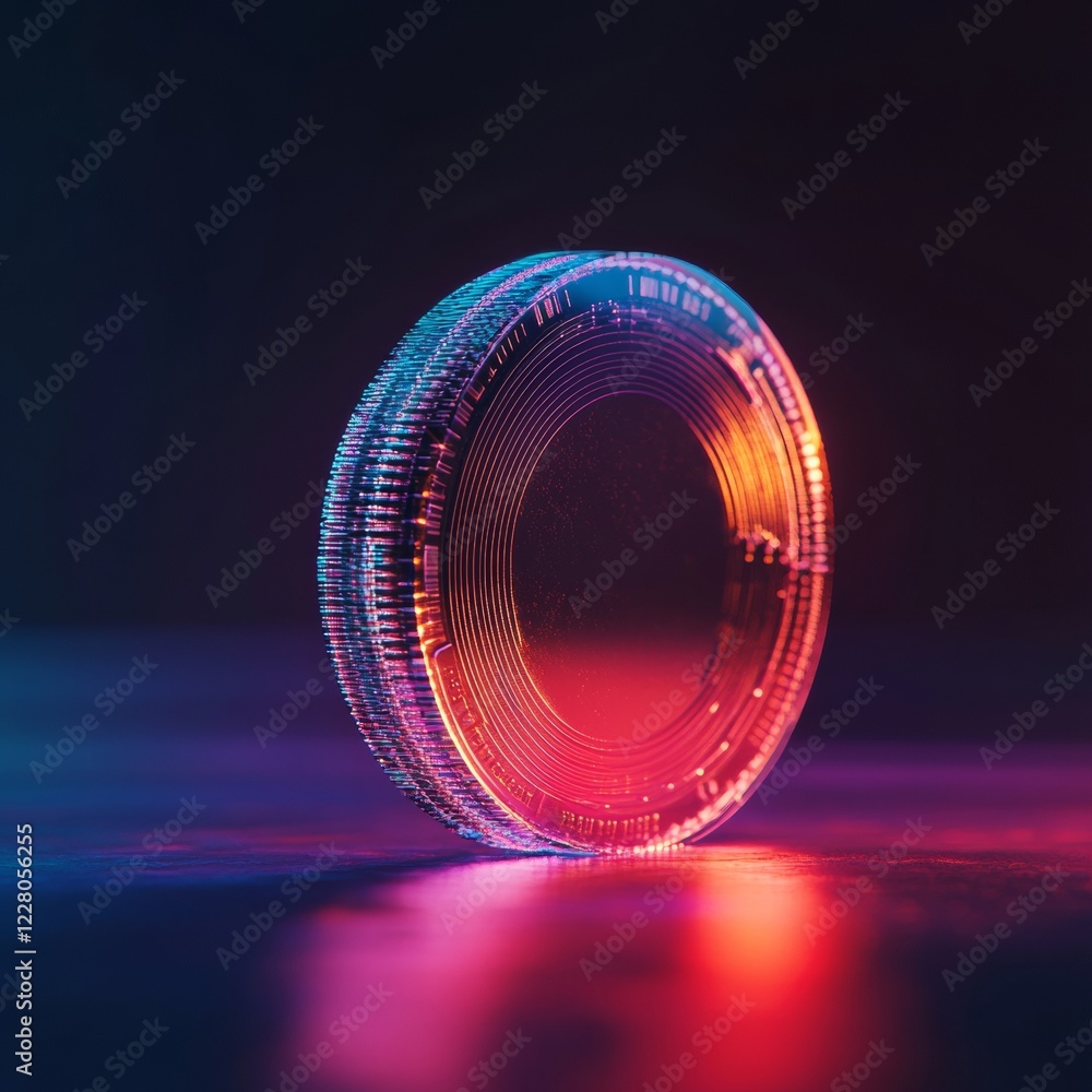 Poster Neon-Lit Blockchain Design Holographic Digital Coin with Intricate Patterns for Fintech Innovation and Marketing Visuals in Virtual Currencies