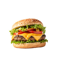 Juicy cheeseburger with melted cheese, fresh lettuce, and tomato. isolated on transparent background.