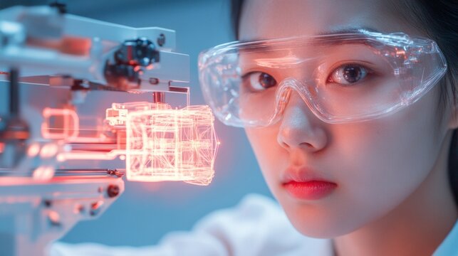Futuristic Aesthetic Young Asian Female in AR Glasses with Holographic Interface - Cutting-Edge Technology for Modern Engineering Education and Innovative STEM Applications