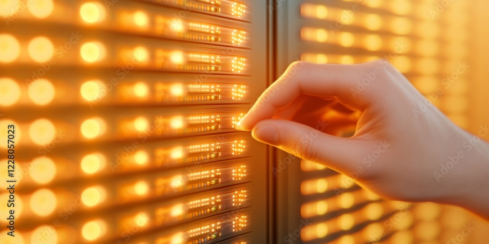 Aufkleber Futuristic IT Security Visualization Hand Interacting with Luminous Server Panel, Symbolizing Seamless Data Protection Solutions in Tech-Driven Business Environments