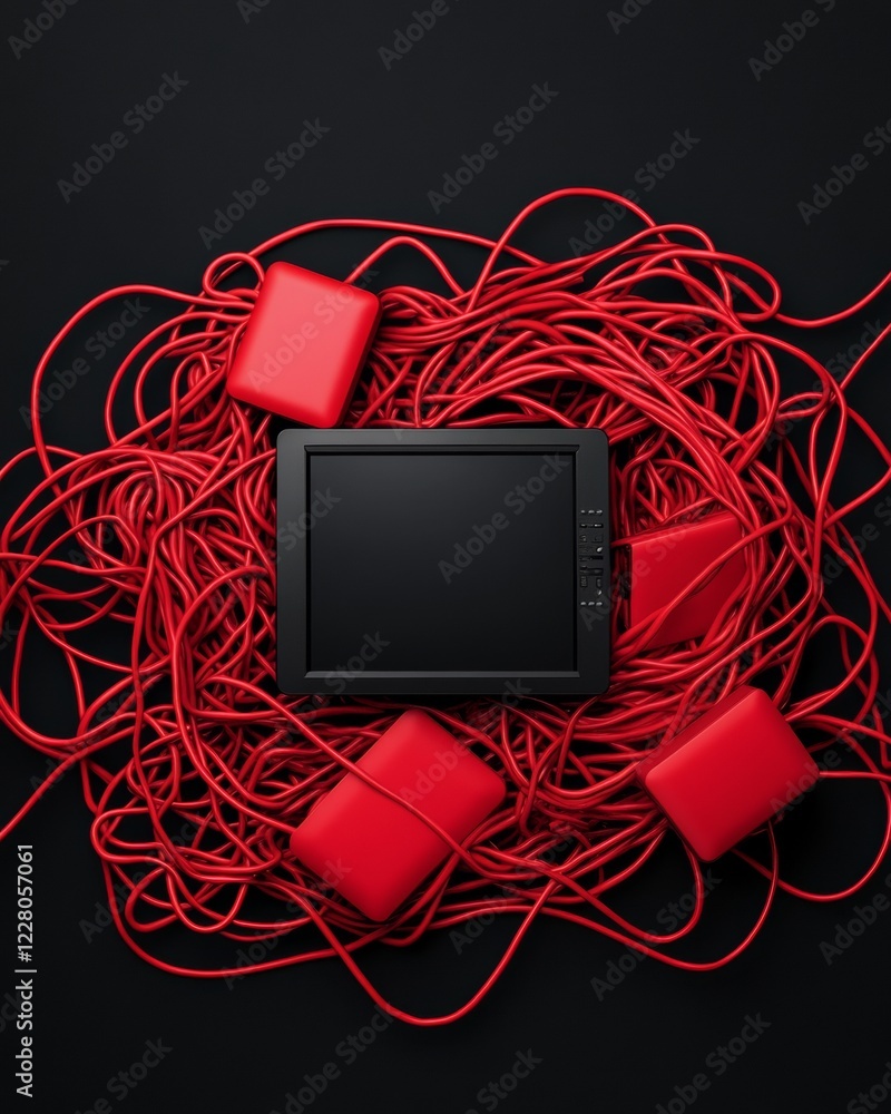 Poster minimalist digital overload art vibrant red cords encasing black tablet - tech content and digital w