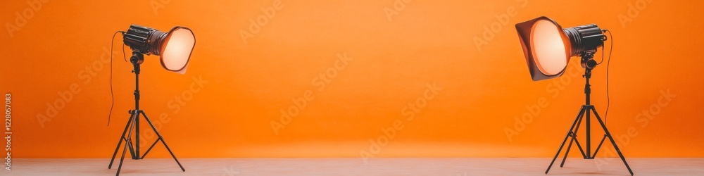 Aufkleber vibrant broadcast studio videographer setup with boom mics and lighting on orange backdrop - digital