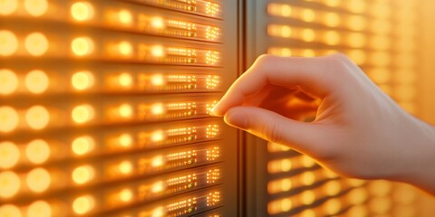 Futuristic IT Security Visualization Hand Interacting with Luminous Server Panel, Symbolizing Seamless Data Protection Solutions in Tech-Driven Business Environments